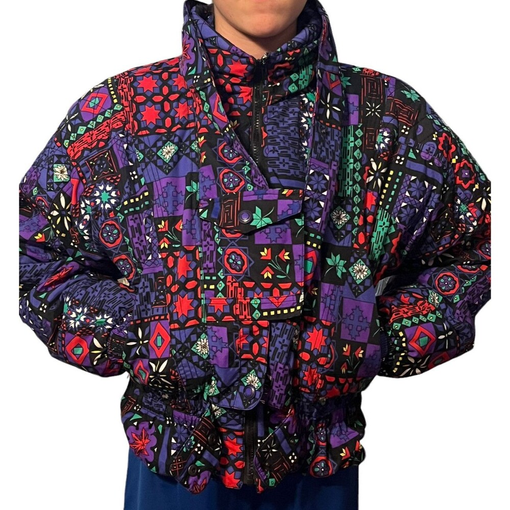 VTG  90's Edelweiss Geometric &  Floral Black Purple  Pink Snow Ski Jacket Med
